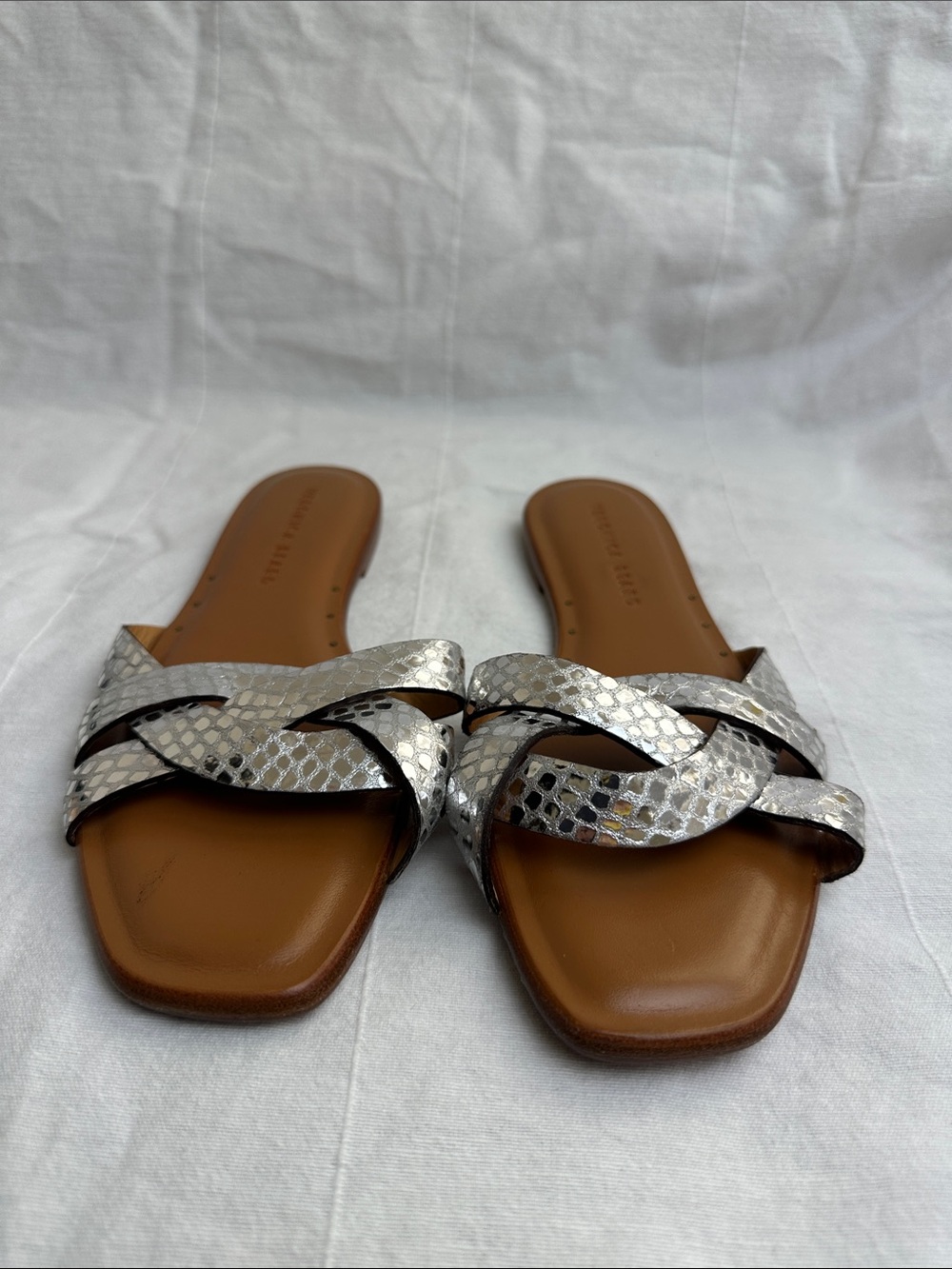 Veronica Beard Silver Braided Slide Sandals with Tan Footbed